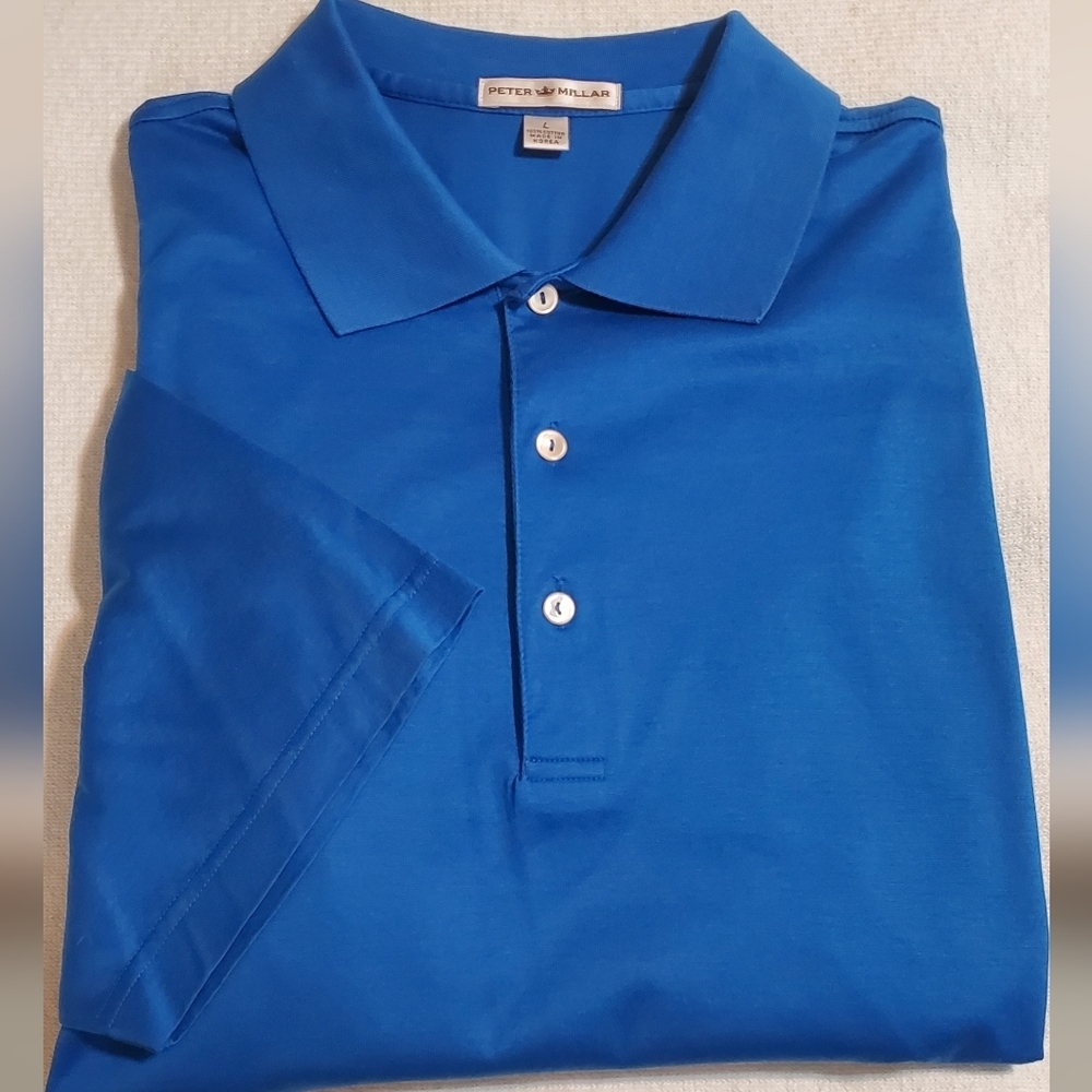 Peter Millar Classic Blue Polo Shirt 100% Cotton With Logo On Sleeve. Sz L